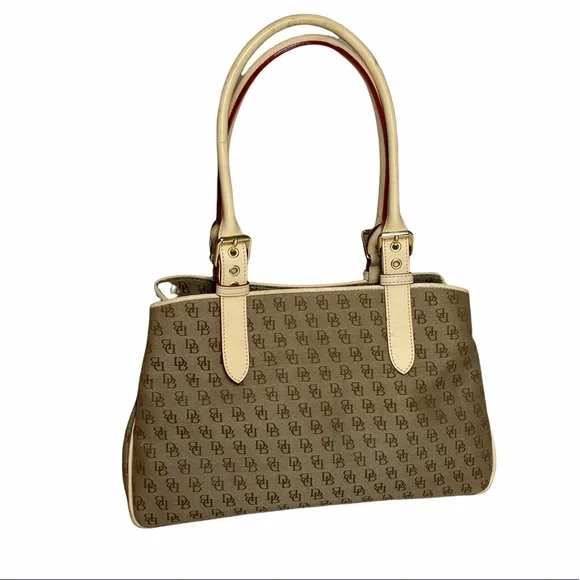 Dooney & Bourke Buckle Satchel Tote Bag Purse ID Card DB Signature Leather Trim - Picture 3 of 13